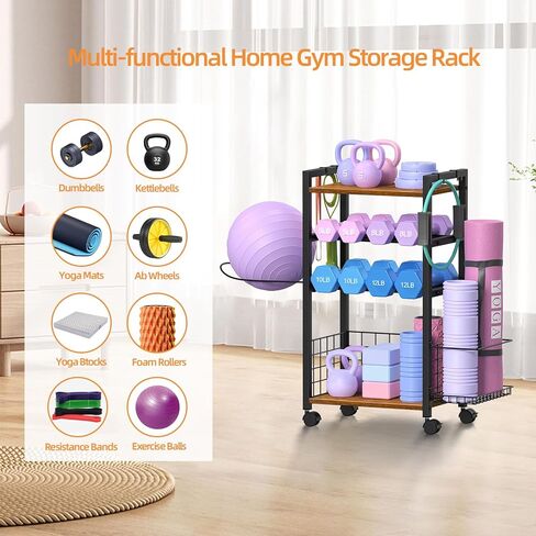 Snughome Dumbbell Rack, Weight Rack for Dumbbells, Home Gym Storage Rack for Kettlebells, Workout Equipment, Foam Roller and Yoga Mat Storage Rack, All in One Dumbbell Rack with Wheels and Hooks in Kuwait