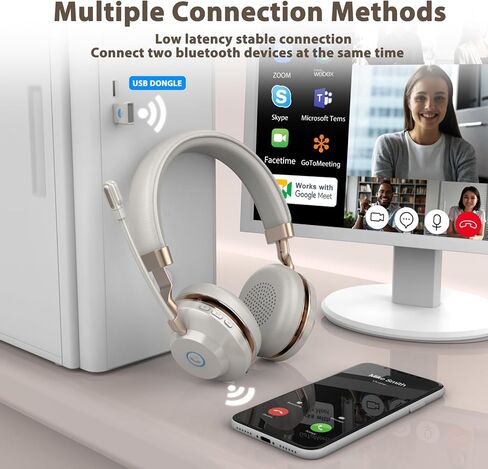 سماعة رأس لاسلكية، سماعة رأس بلوتوث مع ميكروفون AI لإلغاء الضوضاء ودونجل USB، وقت عمل 45 ساعة V5.3 سماعات رأس لاسلكية مع كتم صوت ميكروفون للهاتف/الكمبيوتر المحمول/الكمبيوتر/العمل عن بعد/الفرق/التكبير/التصغير in Kuwait