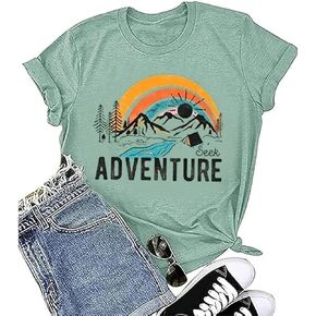 I'd Hike That Hiking Shirt Women Happy Camper Sunrise Mountain Graphic Tee Tops Short Sleeve Camp Lover Vacation Tshirt in Kuwait