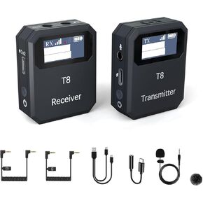 T8 Wireless Lavalier Microphone, 2.4GHz Dual Channel with 100m Range, Noise Reduction, TFT Display, 8-Hour Battery for Online Classes, Vlogging, Streaming, (Black(1TX+1RX))