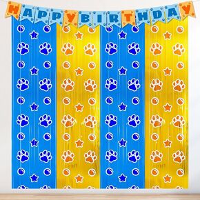 Paw Birthday Decorations 3 Pack -Paw Party Supplies - 3.3x6.6ft Blue & Orange Tinsel Foil Fringe Backdrop with Pre-Strung Banner, Streamers Paw Theme Party Supplies for Kids