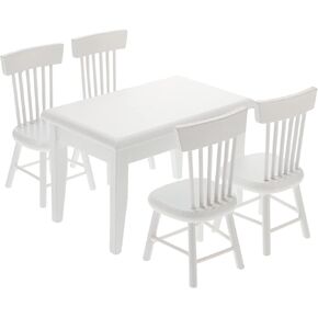 Homoyoyo 5 PCS 1/12 Dollhouse Furniture of Table Cairs ، Mini House Miniature Caning Table Chair ، Miniature Furniture Set Dollhouse Accessories (White)