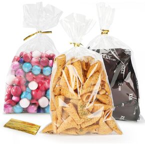 ROLYTA 100 Pcs Cellophane Treat Bags, 6x10 Inch Clear Cellophane Gift Bags with 110 Twist Ties for Gift Wrapping, Party Favor, Packaging Candies