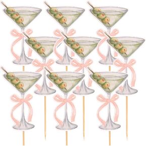 9pcs Martini Glass Cupcake Toppers - Tinis Pink Bow Design Decorations ، Bachelorette Bridal Shower Party Supplies ، Tini Bit Birth Cake Decoration