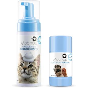 Mooncat Cat & Dog Grooming Bundle - شامبو Cat بدون ماء (5 أوقية) + Natural Paw Balm (2oz) | لعق حمام الرغوة الجاف الآمن للقطط ، ترطيب الأنف والمرح مع الجوجوبا ، الألوة وفيتامين E | درجة الحموضة متوازنة