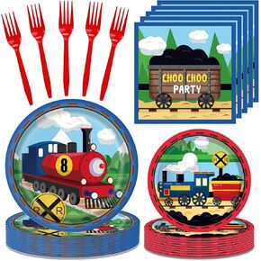 96 PCS Train Party Decorations Pack for Boys Girls ، Steam Train Birthday Party Supplies تشمل لوحات القطار ، والمناديل القطار ، والشوكات للقطار تحت عنوان لوازم الحفلات ، وخدمة 24