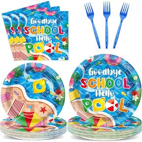 Qyeahkj 100 PCS Pool Party Decoration for Goodbye Hello Pool Paper Plate End of Sever