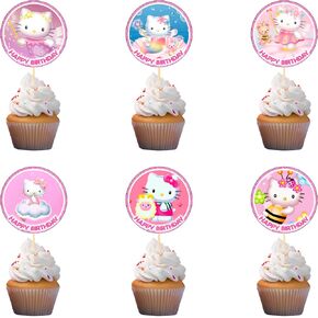 18x Pink Cat Cupcake Toppers - اختيارات قوية ديكور عيد ميلاد سعيد ، زينة كب كيك لأعياد ميلاد الأطفال