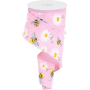 Bumble Bees & Daisies Mired Edge Ribbon - 10 ياردة (2.5 بوصة ، بيج)