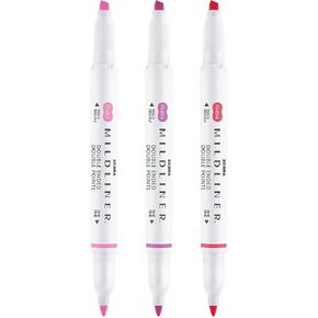 Zebra Mildliner Marker Highlighter Leffort - نهاية مزدوجة - إزميل ورصاصة - مجموعة وردية من 3