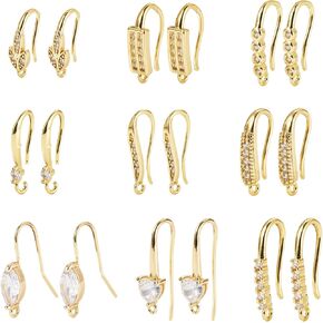 Elecrelive 18 pcs Cubic Zirconia Earring Hooks 9 Style Real 18K Gold Plated Brass Ear Wire Fish Hooks with Loop Dangle Earrings Connectors for Women DIY Jewelry Making