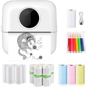 Mini Sticker Printer Bluetooth Pocket Inkless Thermal Printer (1 Printer+11Roll Paper, White)