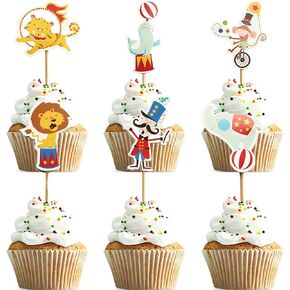 قبعات Circus Cupcake Toppers ، 24 PCS Cupcake Toppers و Circus موضوع حفلات الحفلات وزينة الكرنفال