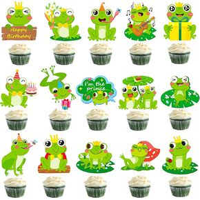 الضفدع كب كيك أعلى القبعات الضفدع كعكة عيد ميلاد ديكورات أخضر 48pcs الحيوانات الضفدع كب كيك يختار ضفدع زخارف حفلة للحكاية الخيالية Frog Prince Party Supplies