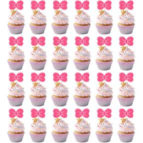 24pcs القوس الكب كيك أعلى القبعات ، كعكة القط الوردي Topper Kawaii Coquette Cake Decorations Bow Cupcake يختار Bowknot Cake Insert for Pink Party Party Histten Decor