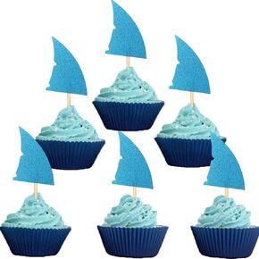 Alissar 24-Pack Glitter Shark Fin Cupcake Toppers ، Shark تحت عنوان Pool Party Supplies Decorations Dust Dame Shower Fairst.