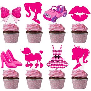 48pcs Hot Pink Girl Cupcake Topcake Topcake Decorations Pink Birthdy Party Decortings for Girls Princess Girl Party Cupcake Topper Decorations for Girls Bachelorette Party Supplies Supplies
