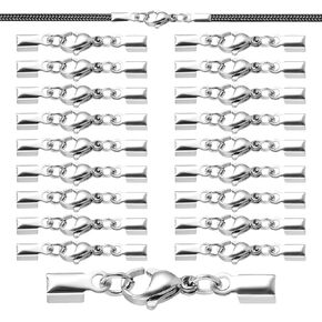 Jeffdad 20Sets Cord End Caps wif Lobster Clasp Connector, Stainless Steel Leather Cord Buckle Clip Lobster Clasp for Jewelry Making DIY Bracelets Necklaces