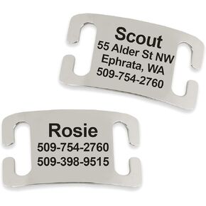 Gotags PET ID SLIDE-ON Personalized Dog & Cat Tags. صامت ، لا علامات طوق الضوضاء مصنوعة من الفولاذ المقاوم للصدأ. محفور مخصص. يتضمن ما يصل إلى 4 أسطر من النص الشخصي. ، كبير