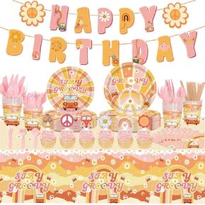 160pcs Groovy Birthday Decorations Party Supplies - Boho Daisy Birthday Banner Hippie Daisy Paper Plates Napkins Cups Tableware Set Tablecloth Cupcake Toppers for Retro Hippie Rainbow Party Decoration
