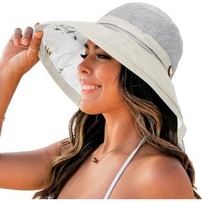 Women's Mesh Sun Hats Wide Brim Summer Beach Bucket Caps for Girls Outdoor UV Protection Foldable Fishing Hat Chin Strap