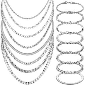 Quelay 16 Titanium Steel Silver Chains 8 PCS 19.69 بوصة قابلة للتكديس تويست/رابط/حبل الكوبي/الأفعى/القمح/سلسلة زملاء سلسلة و 8 PCS 8.66 بوصة للرجال للنساء المجوهرات DIY صنع الهدايا