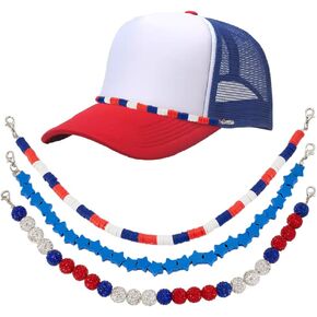 AHANDMaker 3 PCS Trucket Hat Chains 3 أنماط قابلة للفصل باللونين الأبيض والأزرق القبعة الزرقاء زخرفة سلاسل النجوم الوطنية سحر قبعة الشاحنة مع مشابك جراد البحر لتزيين القبعة