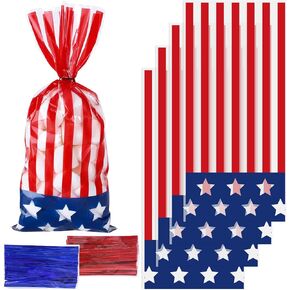 Whaline 150Pcs Patriotic Cello Candy Bags 4th of July Stars Stripes Cellophane Bags with Twist Tie American Flag Party Candy Goodie Treat Bag for Independence Day Memorial Day Party Favor Supplies
