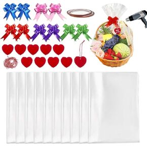 Snail Garden 32pcs تقليص أكياس التفاف لسلال الهدايا مع القوس السحب ، العلامات ، الشريط المقاوم للحرارة ، 25.6 × 35.4in أكياس السيلوفان كبيرة إضافية للسلال الحالية تغليف