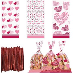 150 PCS Happy Valentine's Day Cellophane Bags with Twist Ties for Gifts, Red Pink Heart Candy Bag Sweet Love Cello Treat Bages Valentines Treat Bags for Cookie Candy Goodies Wrapping Supplies