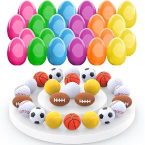 24 PCS Prectiped Easter Eggs for Kids with Sports Labour Calls Squishy Toy ، Easter Basket Stuffer ، وألعاب الكرة والجوائز ، وفضل حفل عيد الفصح لصالح كرة القدم لكرة القدم لكرة القدم التنس