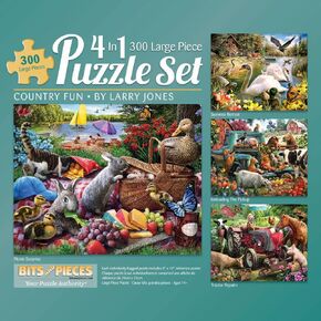 أجزاء وقطع - 4 -in -1 متعددة الحزم - 300 قطعة بانوراما للألغاز للبالغين - مجموعة ألغاز Country Fun 300 PC من Larry Jones - 16 "x20" (41 سم × 51 سم)
