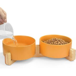 KPWACD Ceramic Bowl for Food and Water, 850ml/28OZ Set With Anti-Slip Wooden Stand, Weighted Dish Suitable for Small, Medium and Large Sized Dogs and Pets, Yellow