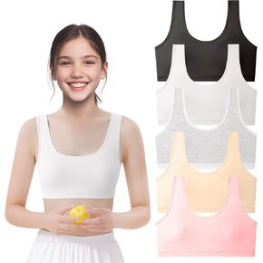 SIAEYINFY 5-6 Pack Girls Padded Training Bras,Girls Thin Cotton Breathable Sports Bra Fit for 10-16 Years Teen