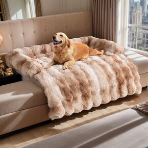 Calming Dog Bed Fluffy Plush Dog Mat - Luxury Soft Dog Bed for Couch - Dog Cat Couch Bed, Fluffy Plush Bed for Pets, Anti-Slip Furniture Protector for Dogs Cats (Gradient Brown, 35.5"x35.5"x5.2")