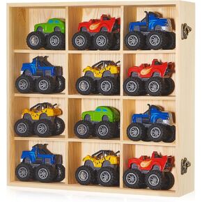 Marsui Monster Trucks Display Shelves Case with Transparent Door, Holding 12 Slot Monster Truck Storage Organizer Wall Mount with Screws and Dust Resistant Door, Wood