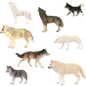 Intsun Wolf Toys Figures 8pcs ، حزمة حديقة حيوانات Wolf Toys Toys Wolf ، تماثيل واقعية مرسومة باليد ، مجموعة رائعة وعروض أفضل هدية للبنين والبنات