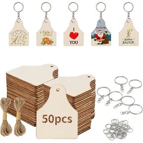 50 pcs مجموعة مفاتيح أذن خشبية فارغة ، شرائح خشبية غير مكتملة مع حلقات مفاتيح 50 PCS ، مع علامات مفاتيح مفاتيح مفاتيح حبل الحبل المجل