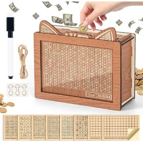 صندوق تحدي خشبي لتوفير الأموال ، 10000 قابلة لإعادة الاستخدام نقدي Vault Piggy Bank ، Cat Ear على شكل كاكايبو.