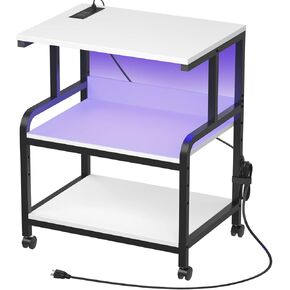 حامل طابعة مثلي الجنس ، 23.6 x18.9 × 30 بوصة طاولة طابعة كبيرة الحجم مع محطة الشحن ومصابيح LED ، 3 طبقات طابعات الطابعة مع رف تخزين قابل للتعديل ، أبيض