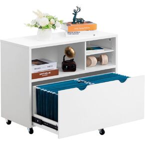 HollyHOME Lateral File Cabinet with Drawer, Under Desk Storage with Dual Hanging Rods, Mobile Storage Cabinet for Letter/A4 Size, Wood Printer Stand & Open Shelves for Home Office Organization, White