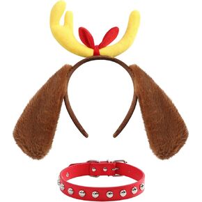Deer Antler Dog Ears Headband Red Collar Choker Christmas Reindeer Dog Costume Adult Halloween Party Accessories
