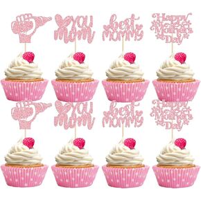 24pcs عيد أم سعيد Cupcake Topcake Glitter Heart Rose Flower Love Mother Best Mom Cupcake تختار لعيد الأم عيد ميلاد نسائي ديكورات كعكة الحفلات اللوازم الوردي