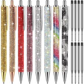 LINCIA 8 PCS Rhinestone Pens Bling Metal Ballpoint Colorful Fancy Sparkly Crystal Diamond Pens Bens With 8 PCS PEN BEADLS BLACK BEAD 1MM للمكاتب النسائية اللوازم عيد ميلاد لوازم الزفاف