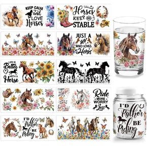 arricraft 10 Sheets Horse UV DTF Cup Wrap for 16OZ Glass, Keep Calm and Love Horses Rub on Decals Butterfly Flower Animal PVC Transfer Stickers for DIY Cups Wood Harness