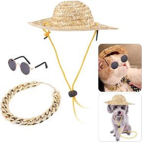 3pcs أزياء Cat Dog Cat ، نظارة شمسية للحيوانات الأليفة ، قبعة قش قش قابلة للتعديل لسلسلة ذهبية قابلة للتعديل.