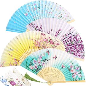 Zonon 4 Pieces Silk Handheld Floral Folding Fans Hand Held Fans Floral Folded Fan with Tassel Women's Hollowed Bamboo Hand Holding Fans for Wedding Gift, Party Favors, Daily Use in Saudi Arabia