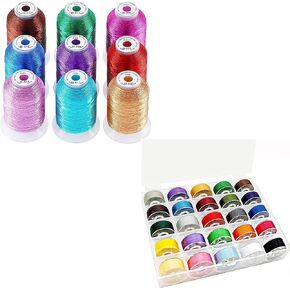 New Brothread 9 ألوان لامعة Metallic Machine Machine Kit 500m & New Brothread 25pcs ألوان متنوعة 70D/2 (60WT)