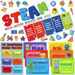 64 Pcs Stem Steam Science Posters Classroom Bulletin Board Decorations Set Science Project Banners Cutouts Bulletin Board for Classroom Teachers Wall Decor for Pre School Elementary and Middle School