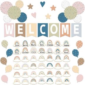 67 Pieces Simply Boho Welcome Classroom Bulletin Board Set Rainbow Bulletin Board Classroom Decoration Balloon Paper Fans Cutouts for Primary School Kindergarten Middle School Wall Decor